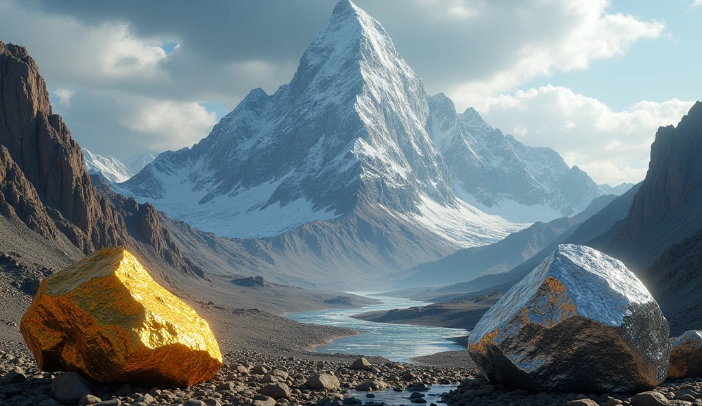 There is a high mountain,Gold ore with a lot of luster on one side,The other side has a lot of shiny platinum ore(best quality,4K,8k,High level,masterpiece:1.2),Ultra Detailed,(lifelike,Photo real,Photo real:1.37)