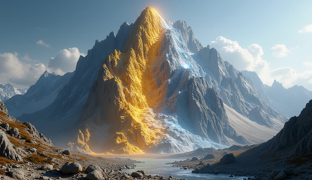 There is a high mountain，Gold ore with a lot of er on one side，The other side has a lot of shiny platinum ore（best quality，4K，8k，High level，masterpiece：1.2），Ultra Detailed，（lifelike，Photo real，Photo real：1.37）