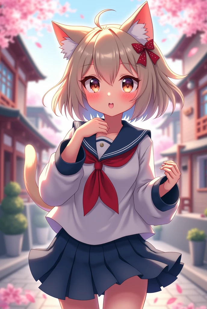 Furry anime cat girl dressed in Japanese style school uniform