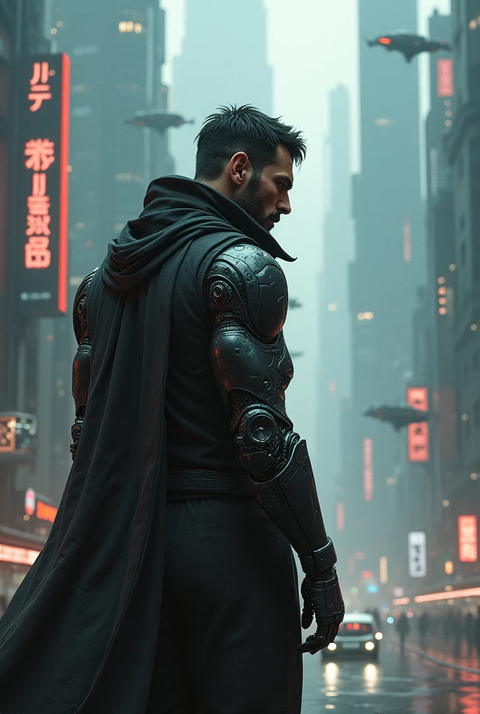create a guy with cyberpunk themes who is an anti hero and his arms are robotic and he is looking at his futuristic city as well as me