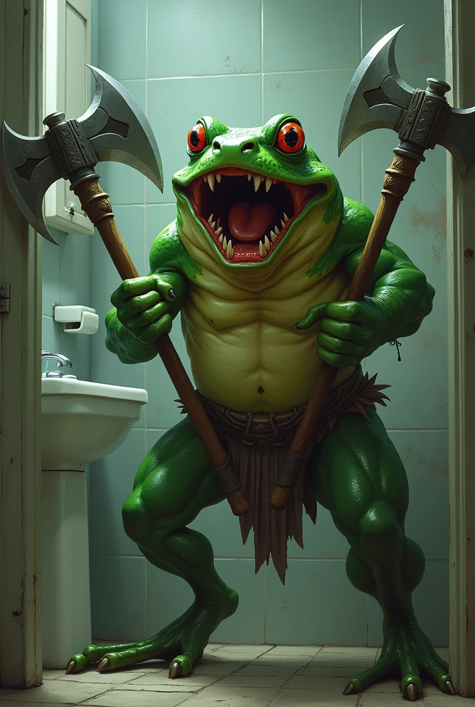 Warrior frog with axes in his hands screaming in the toilet