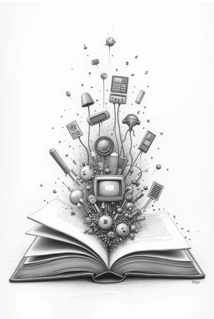 Pencil drawing of an open book with references from the 1990s to 2000s emerging from it.