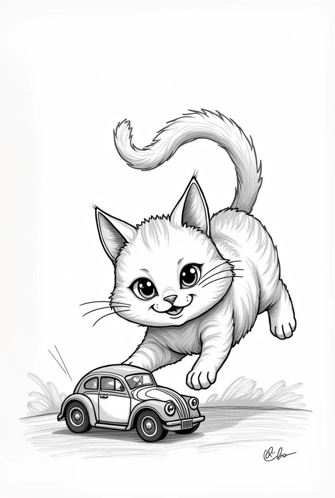 Coloring page of a cat playing with a car toy