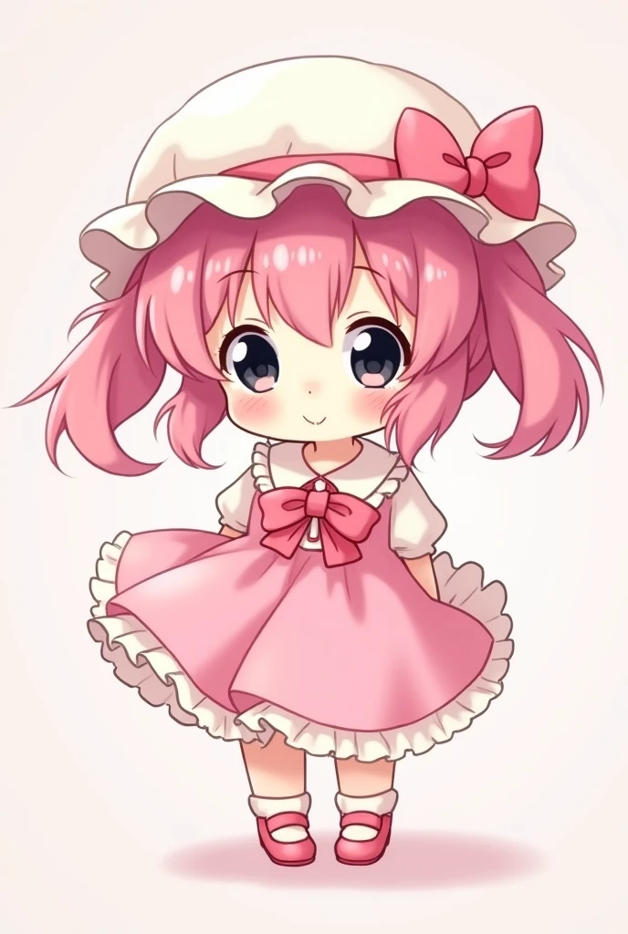 Anime cute kid with pink short twins tail and black eyes color. She wearing all pink and White hat with cute pink ribbon.