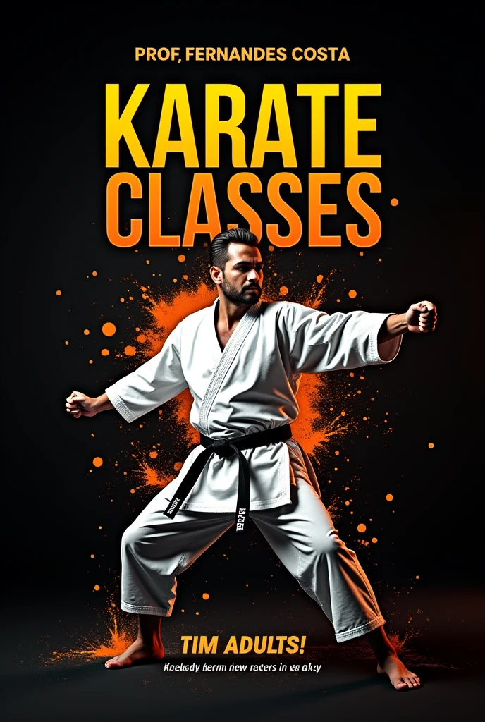 **Title:** Karate Classes para Crianças, young people and adults
**Description:** With Prof.. Fernandes Costa, Black Belt 1st Dan in Shotokan Karate
**colors:** blackw, yellow and orange
**Design Instructions:**
1. **Background:** Use a predominant black color to convey strength and discipline.
2. **Title "Karate Classes":** Featured with a vibrant yellow color, which symbolizes energy and vitality.
3. **Teacher Information:** Position the teacher's name "Prof. Fernandes Costa, Black Belt 1st Dan in Shotokan Karate" just below the title, using the color orange for balance.
4. **Graphic elements:** Add subtle graphics, as silhouettes of karate movements or a symbol of shotokan karate, in shades of black and orange.
5. **Layout:** Make sure the layout is clean and easy to read, with a clear hierarchy of information