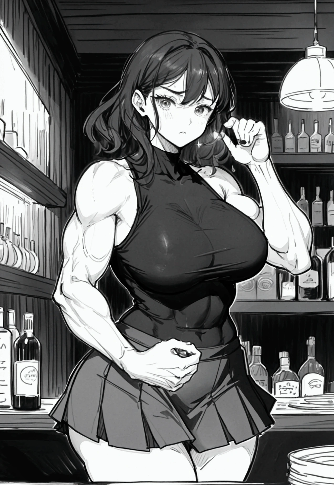 Create a detailed dynamic manga style illustration of a very  woman in a bar. She has curly brown hair and large black eyes. She wears a tight sleeveless t-shirt, and a short skirt. Her expression is serious and focused as she intently looking at her big rounded biceps. The biceps has a huge vein. Her forearms are also very muscular. Her body is massive and very muscular. Her thigh are huge with visible huge muscles. She’s taking pleasure by admiring her effort and dedication. The scene captures the determination on her face, the huge and defined muscle, and her sexy curves.