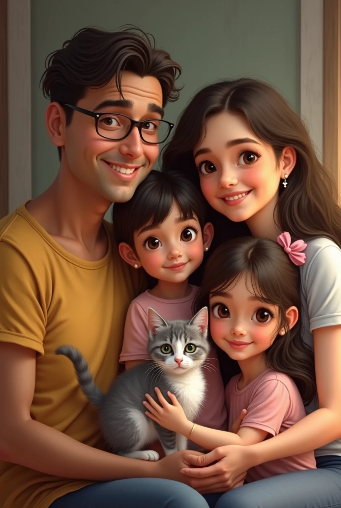 Create an image of a family of 4 people, 2 fathers and 2 girls, A 9-year-old girl and a  and their 3 parents, The father is tall and chubby and the mother has cinnamon skin and medium height.; The  girl looks like her dad and the  likes her mom. The mom&#39;s hair is wavy with a Latina look and one girl is chubby and they have a gray and white Roman kitten.