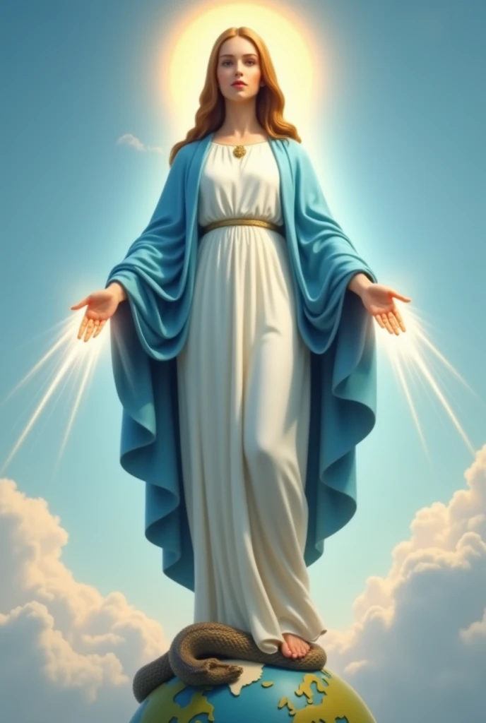 CREATE AN ULTRA REALISTIC 8K IMAGE OF OUR LADY OF GRACE STANDING, WITH OPEN SERENE EYES, brownhair, WITH RAYS COMING OUT OF HIS PERFECT OPEN HANDS FACING DOWNWARDS, SKY BLUE AND WHITE ROBES, WITH HIS FEET CRUSHING THE SERPENT'S HEAD, ABOUT A GLOBE, WITH THE SKY WITH FEW CLOUDS IN THE BACKGROUND
