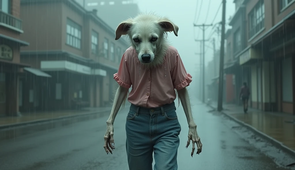 A bony white dog crying, dressed in a pink blouse and blue jeans, walking alone in the rain