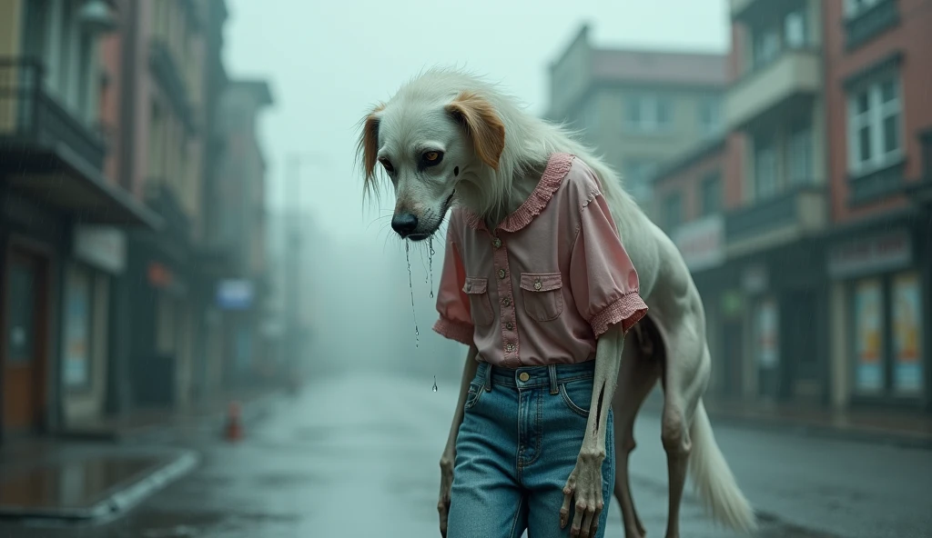 A bony white dog crying, dressed in a pink blouse and blue jeans, walking alone in the rain