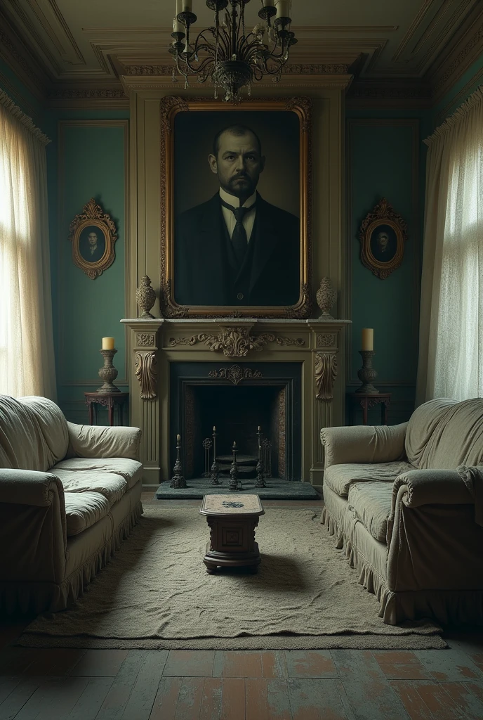 A dusty, abandoned living room with antique furniture covered in sheets, a grand fireplace, and old family portraits on the walls that seem to follow you with their eyes.