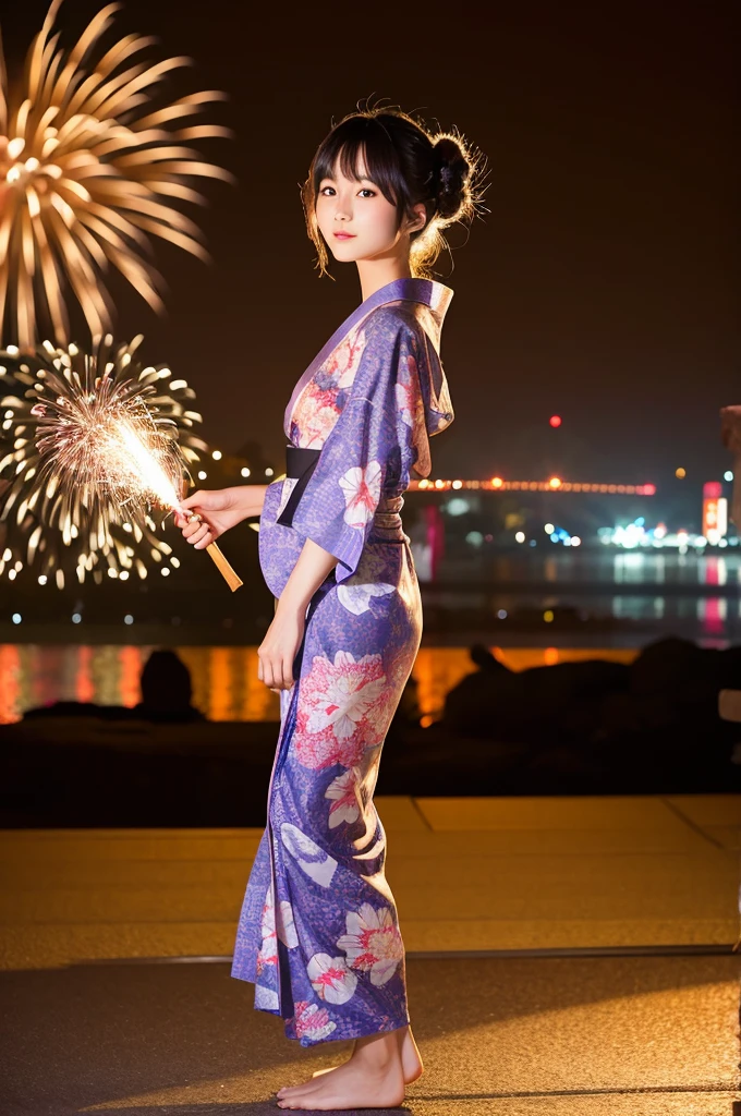 Japanese, one, full length, beautiful woman, model like, 20s, in yukata, skinny, fireworks in background.