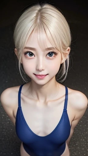 ((sfw:1.5)),((sfw:1.5)),((sfw:1.5)),((sfw:1.5)),((from above:1.5)),((Upper Body:1.5)) Korean Asian Teenager Photos、((Beautiful and cute idol girl:1.5))、Platinum Blonde Hair、11yo,Narrow eyes:1.5、Thin face、Thin neck、((Slim body)),((skinny):1.5),((Flat chest:1.5)),((clavicle)),((Narrow eyes：1.5))、(Thin arms)、(Thin neck)、（Thin lips）、A small smile、Thin arms、(Dark blue school swimsuit:1.5）、littlesmile,