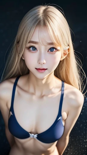 ((sfw:1.5)),((sfw:1.5)),((sfw:1.5)),((sfw:1.5)),((from above:1.5)),((Upper Body:1.5)) Korean Asian r Photos、((Beautiful and cute idol girl:1.5))、Platinum Blonde Hair、11yo,Naow eyes:1.5、Thin face、Thin neck、((Slim body)),((skinny):1.5),((Flat chest:1.5)),((clavicle)),((Narrow eyes:1.5))、(Thin arms)、(Thin neck)、(Thin lips)、A small smile、Thin arms、(Dark blue school swimsuit:1.5)、littlesmile,