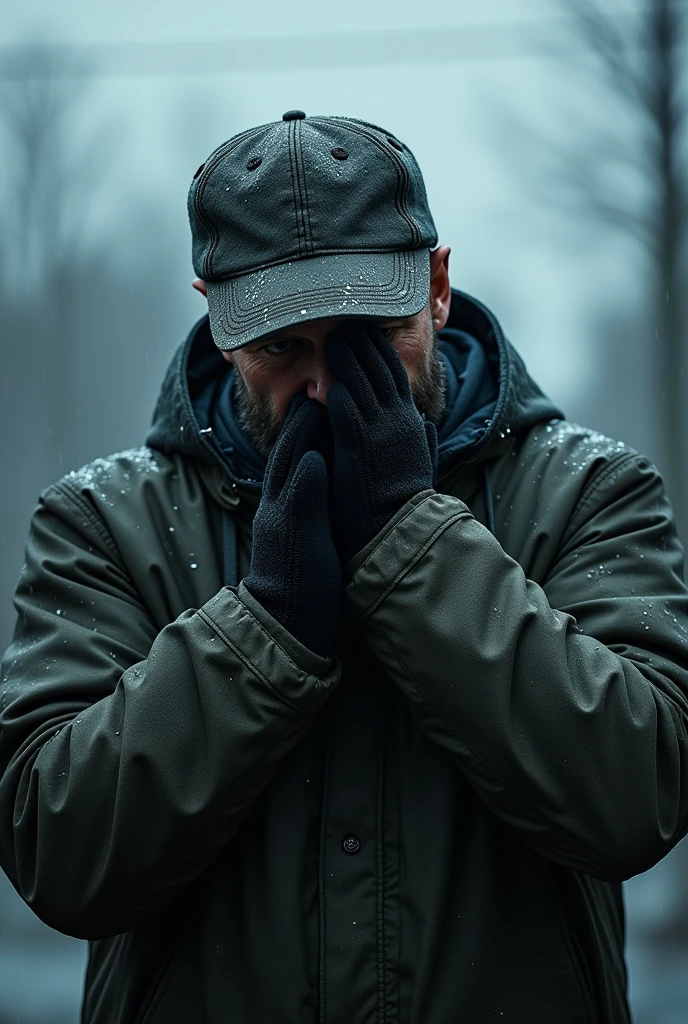 Shivering from the cold, a drenched man wearing a cap and gloves
