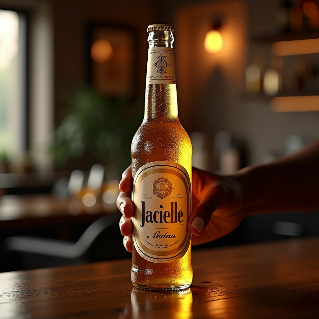Create a hyper-realistic image of a long neck beer bottle, with commercial appearance. The bottle must be made of clear glass., highlighting the golden, effervescent color of the beer, and it must look very cold, with condensation droplets visible on the surface. The bottle must be open, with the seal removed and the lid on the side or partially raised to show that it has been recently opened.The label must display the name "Jacielle" in a stylized, modern font, centralized and prominent. Label design should be sophisticated, with elegant details and a pattern that complements the glass.Include the hand of a thin black man holding the open bottle, so that the hand feels natural and wraps around the bottle with a subtle touch. The scene should include typical elements of a bar, such as a polished wood surface and other bar accessories, like beer glasses or an opener. The background should resemble a cozy and modern bar., with soft ambient lighting to create an inviting atmosphere. Add details like bottles or glasses in the background and a soft spotlight on the beer bottle to make it stand out..