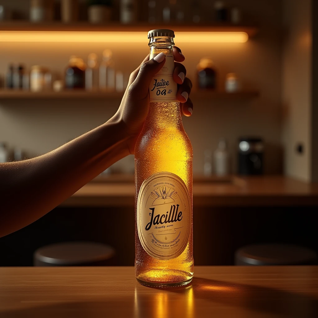 Create a hyper-realistic image of a long neck beer bottle, with commercial appearance. The bottle must be made of clear glass., highlighting the golden, effervescent color of the beer, and it must look very cold, with condensation droplets visible on the surface. The bottle must be open, with the seal removed and the lid on the side or partially raised to show that it has been recently opened.The label must display the name "Jacielle" in a stylized, modern font, centralized and prominent. Label design should be sophisticated, with elegant details and a pattern that complements the glass.Include the hand of a thin black man holding the open bottle, so that the hand feels natural and wraps around the bottle with a subtle touch. The scene should include typical elements of a bar, such as a polished wood surface and other bar accessories, like beer glasses or an opener. The background should resemble a cozy and modern bar., with soft ambient lighting to create an inviting atmosphere. Add details like bottles or glasses in the background and a soft spotlight on the beer bottle to make it stand out..