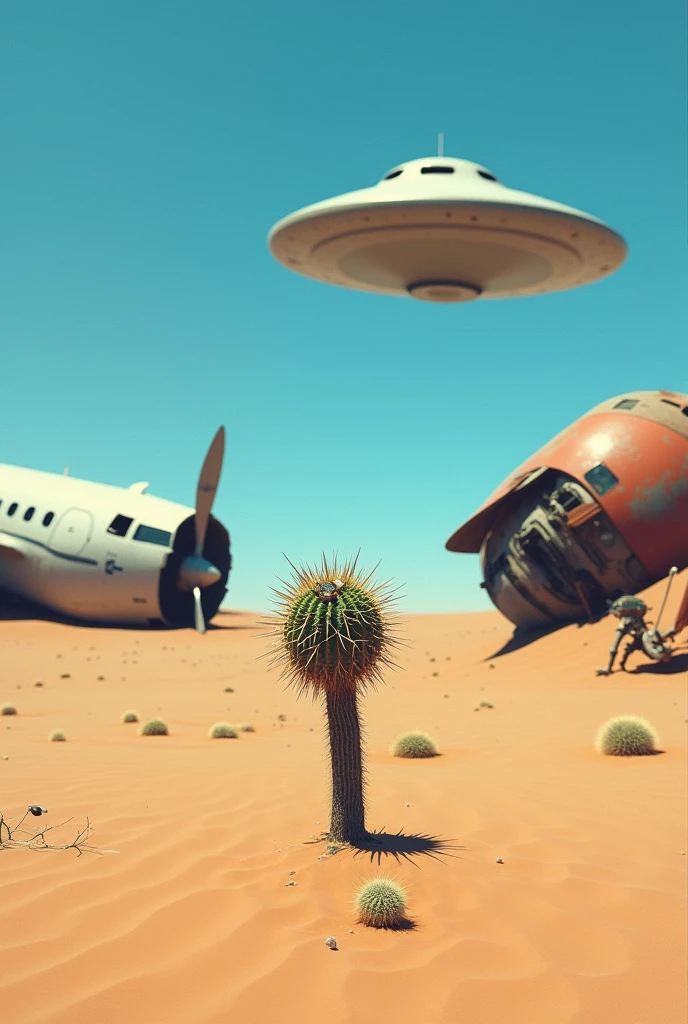 It is a desert, you can see the horizon as the distance from the blue sky is divided, On the right side of the desert there is a crashed plane and on the opposite side a crashed flying saucer, Further down on the right there is a normal-sized cactus and in the center there is a plant with thorns and its flowers look like eyes. The plant is small.