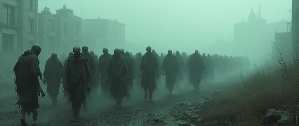 
many living dead. camera showing the back, walking towards a city, scary scenery with fog, hyper-realistic.
