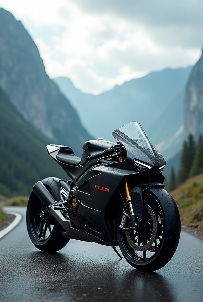 (Custom Sport Bike "Audi"), (company logo in large characters in the center of the photo), Commercial photo shoot, epic landscapes all around..., Highly Detailed Features, Insanely ultra realistic, insanely photo realistic, Insanely high overall quality, insanely high detail, insanely high overall resolution, Insanely high overall sharpness, Insanely high overall quality текстур,