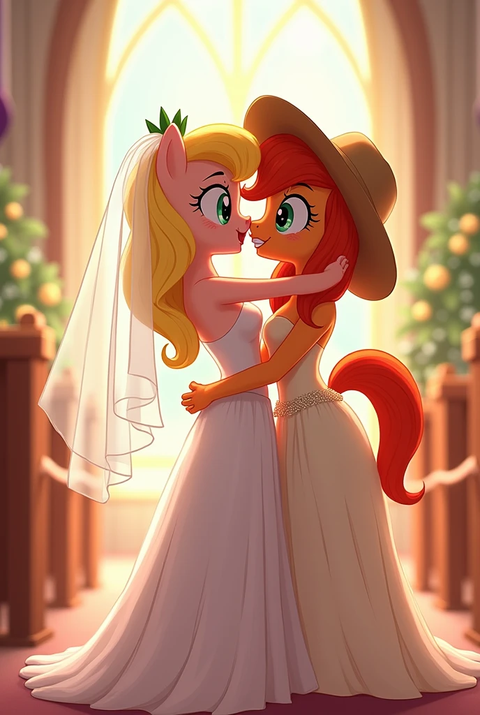 Applejack and Rarity from the movie "Mlp equestria girls", rarity in wedding dress, happy, crying. Applejack in wedding dress and farmer hat kissing Rarity, in a church. 