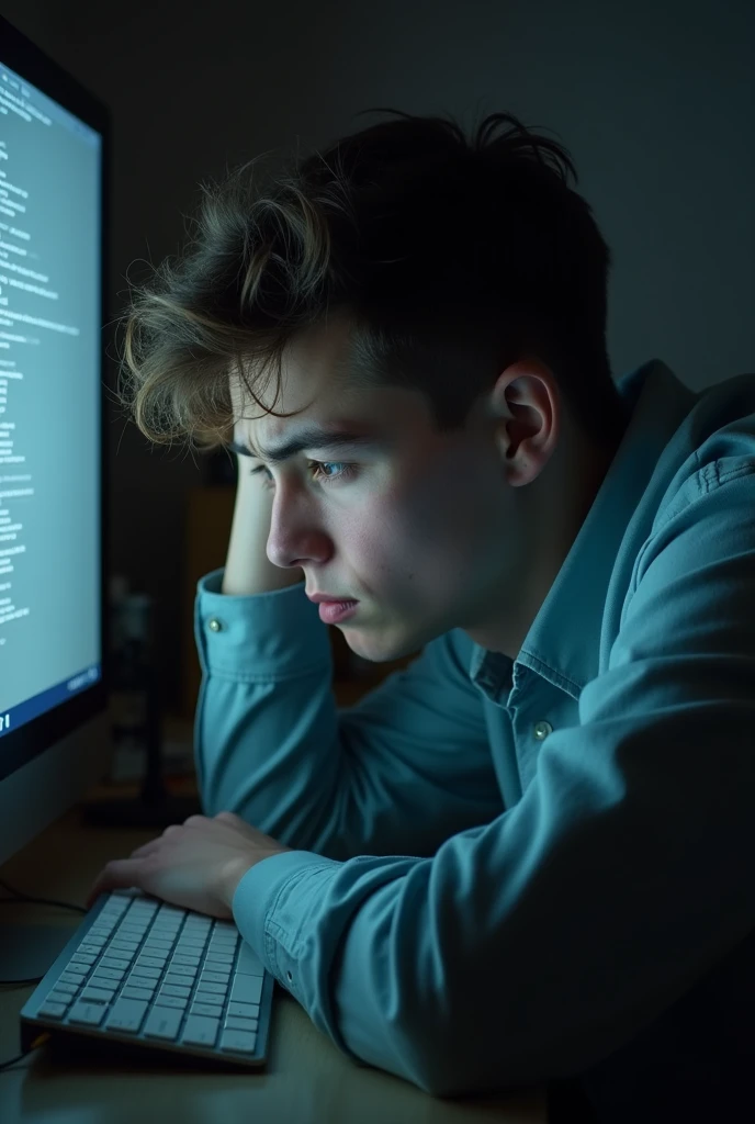 Teenager man sadly looking at the computer after seeing that his other classmate has done coverrrbullyng to him