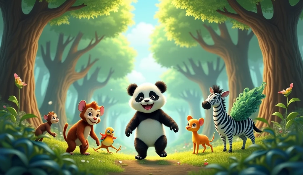 In a forest where trees are talk and huge lives a little Panda and enjoying with lots of his friends like monkey sparrow peacock zabra with her and all friends enjoying in breeze