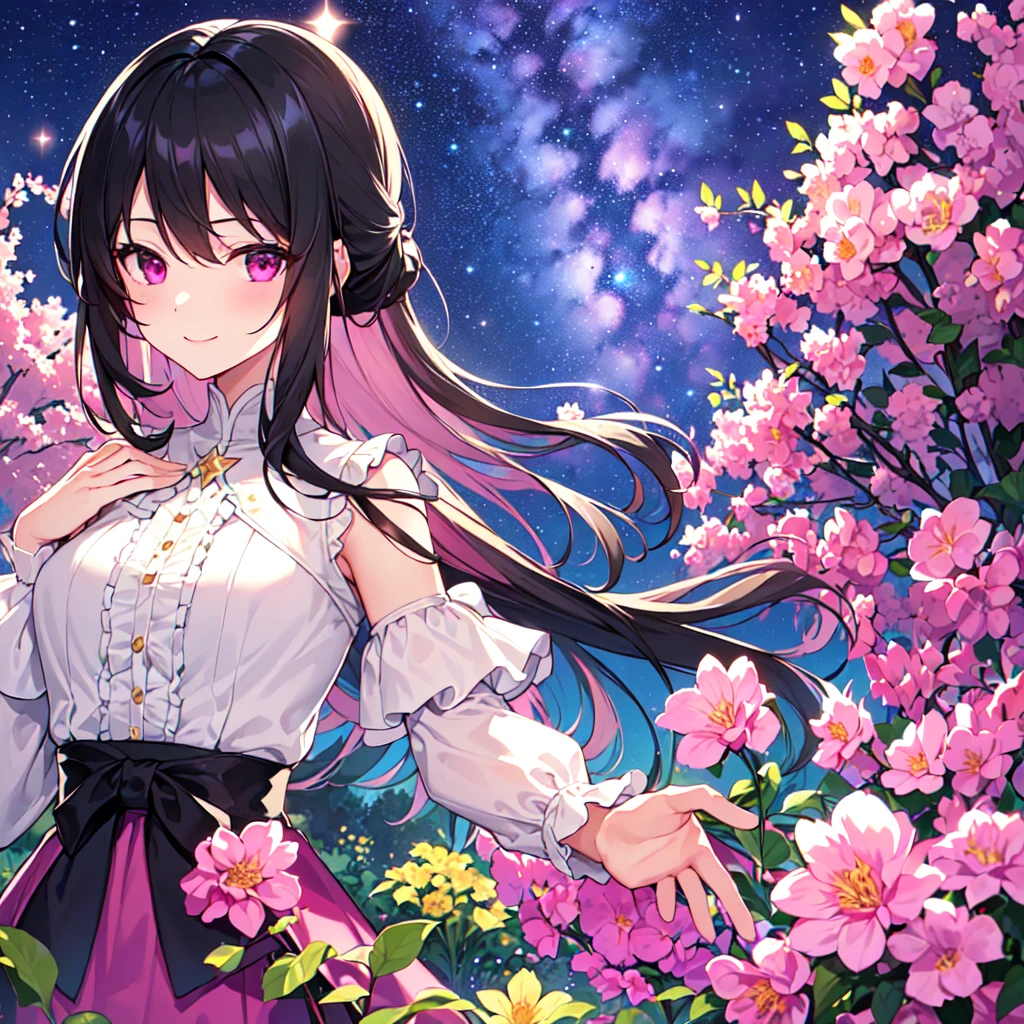 masterpiece, best quality, high quality, extremely detailed, very delicate and beautiful, (1female 1 adult solo:1.5), (long black hair up two sides:1.5), bangs to eyebrows, eyes sharp and bright (eye color: magenta:1.3), 6.5 head height, (Lace Frill Magical Girl Fashion with Starry Sky Print:1.3), (knee socks), (standing), (dynamic pose), (smiling), (Summer Garden:1.3), (Milky Way Night Sky:1.3), (upper body:1.3)