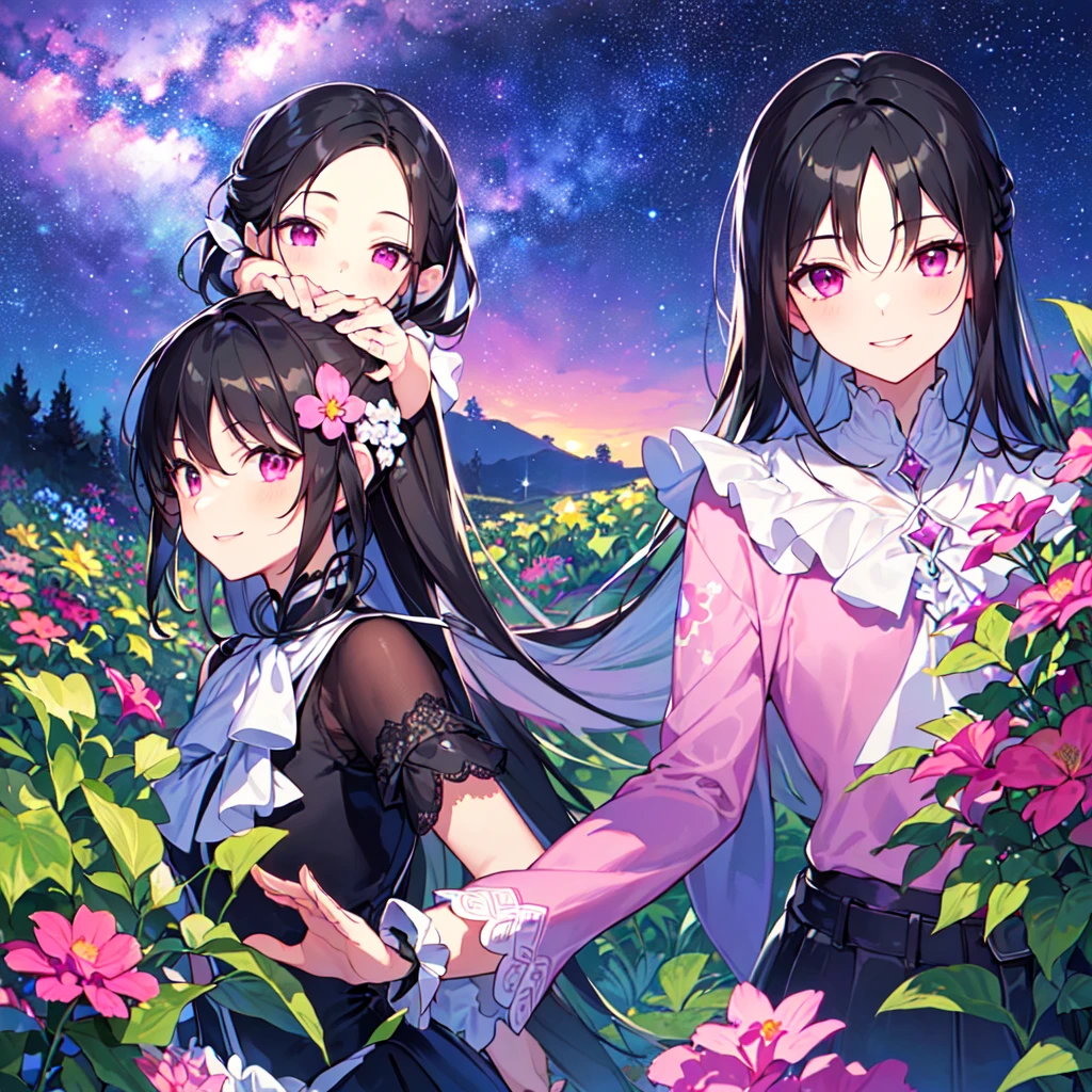 masterpiece, best quality, high quality, extremely detailed, very delicate and beautiful, (1female 1 adult solo:1.5), (long black hair up two sides:1.5), bangs to eyebrows, eyes sharp and bright (eye color: magenta:1.3), 6.5 head height, (Lace Frill Magical Girl Fashion with Starry Sky Print:1.3), (knee socks), (standing), (dynamic pose), (smiling), (Summer Garden:1.3), (Milky Way Night Sky:1.3), (upper body:1.3)