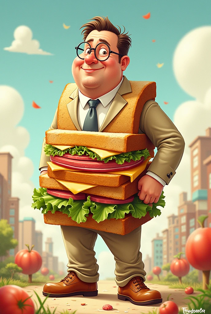 Drawing of a man with glasses in a sandwich suit