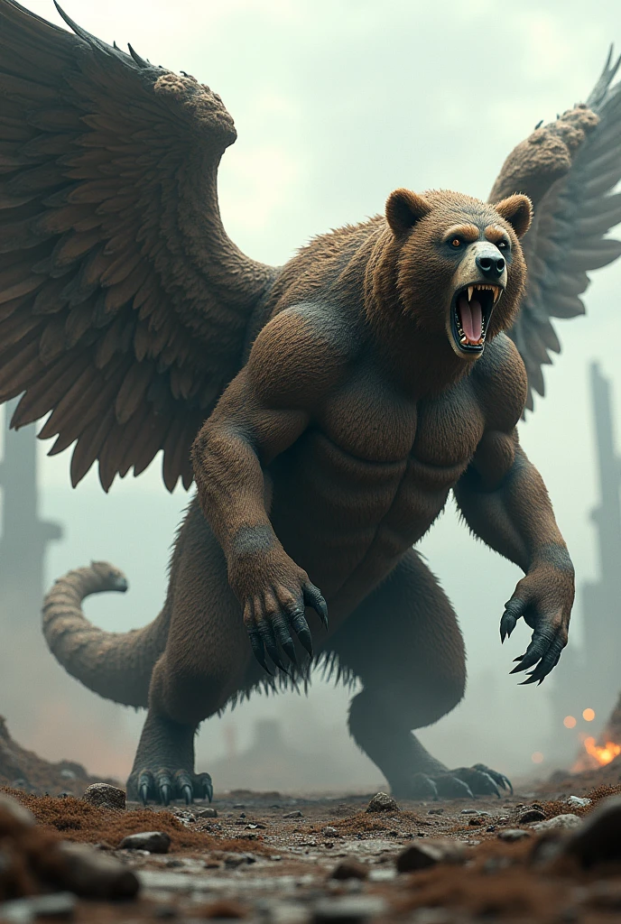 Bear has a wings like an eagle very strong roaring with massive body and has tail like a snake and legs like a lion looking like a natural clearly detailed full in future land wit all destroy city hd 8k quality 