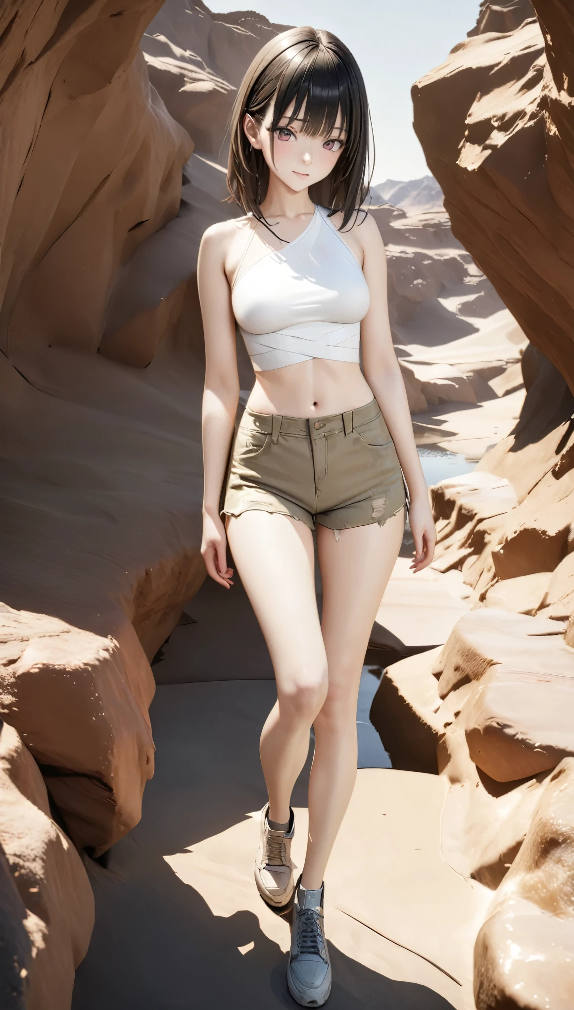 DIY16，best quality, 超HD, masterpieces, 8K, Practical, Anime style, 3D Rendering，masterpiece,need,lifelike，Bare lower abdomen，Sexy，bandage，Layering，Hollow，Full body image，Feral，Khaki washed distressed shorts，Black hair，Open shoulders，Layering，Long legs，，Wasteland Punk Style，desert，The details of wind and dust are complex，，HD，Photography Lighting，16K(Pond in the evening:1.2), (8K, best quality, masterpiece:1.2), (Ultra-high resolution:1.0), Extremely bright design, Soft colors, (ink:1.3), Autumn Lights, High Detail, dramatic, photoPractical painting art
