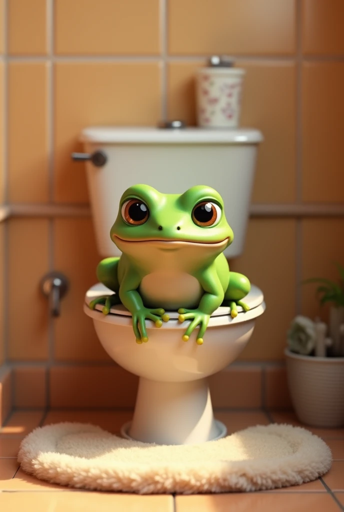 Cute frog sits on a toilet