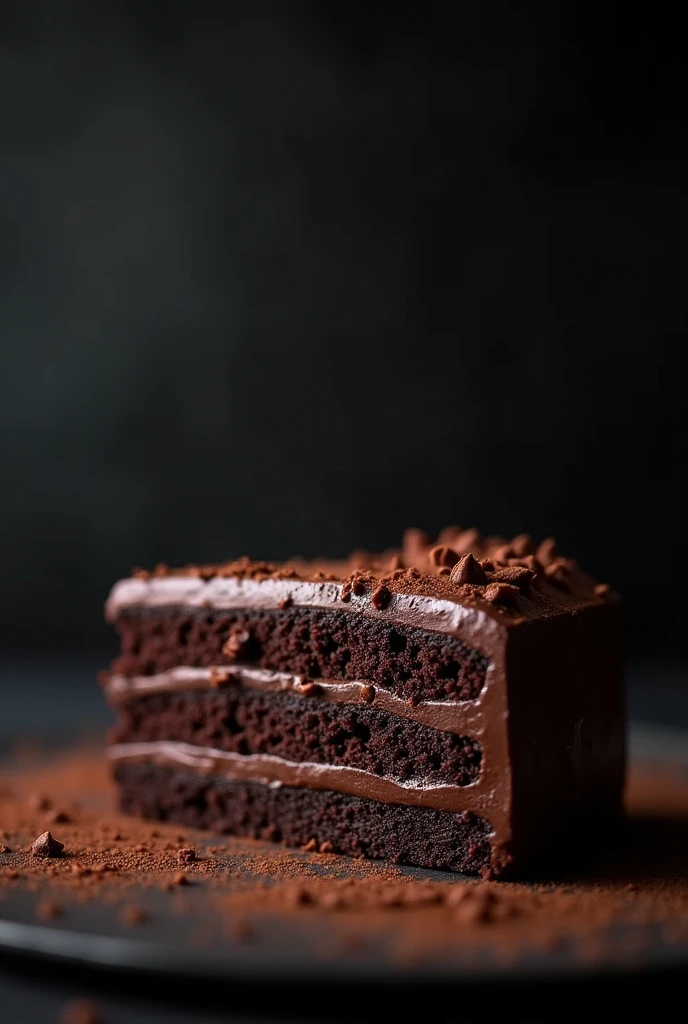 cinematic film still chocolate, chocolate cake, dark background, quality photo, moist texture, frosting, studio photo, slice . shallow depth of field, vignette, highly detailed, high budget, bokeh, cinemascope, moody, epic, gorgeous, film grain, grainy