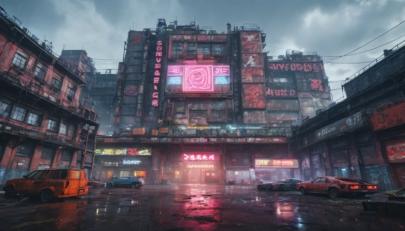 post apocalyptic factory, cyberpunk setting, neon lights, cyberpunk cars in front of the building, sad brutal architecture, red brick walls, concrete floor, old containers and crates, huge advertising sign at the top of the building, cloudy weather, from below, wide shot, atmospheric perspective, 8k, highres, best quality, award winning, super detail, masterpiece, UHD