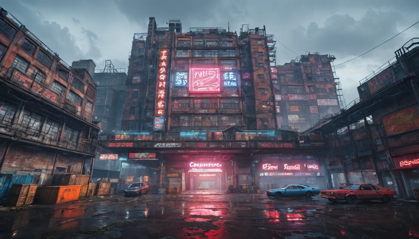 post apocalyptic factory, cyberpunk setting, neon lights, cyberpunk cars in front of the building, sad brutal architecture, red brick walls, concrete floor, old containers and crates, huge advertising sign at the top of the building, cloudy weather, from below, wide shot, atmospheric perspective, 8k, highres, best quality, award winning, super detail, masterpiece, UHD