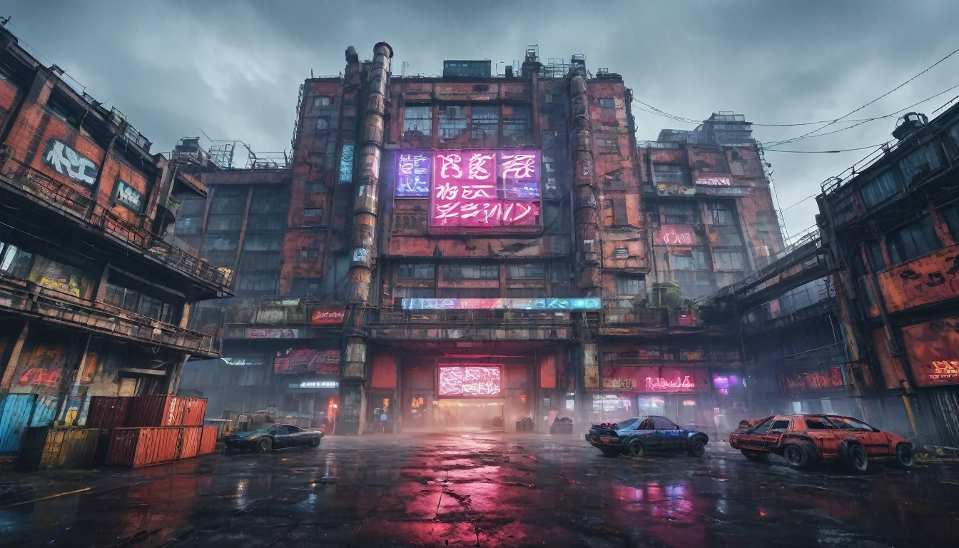 post apocalyptic factory, cyberpunk setting, neon lights, cyberpunk cars in front of the building, sad brutal architecture, red brick walls, concrete floor, old containers and crates, huge advertising sign at the top of the building, cloudy weather, from below, wide shot, atmospheric perspective, 8k, highres, best quality, award winning, super detail, masterpiece, UHD