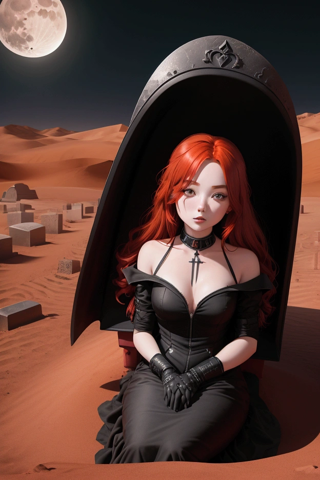 red-haired girl sits on a closed black coffin in the middle of the desert, there are tombstones all around, night, the moon is shining in the sky