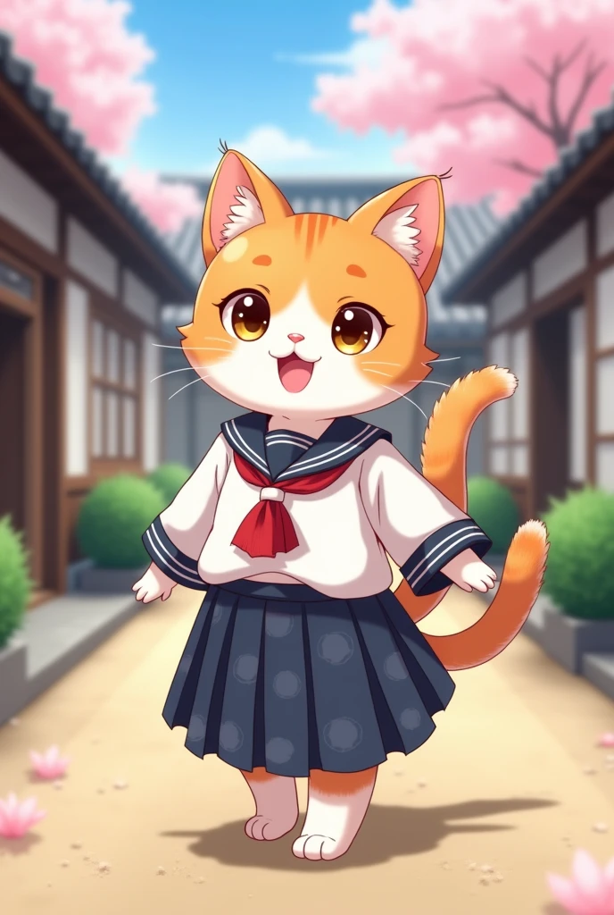 Furry anime cat dressed in Japanese style school uniform