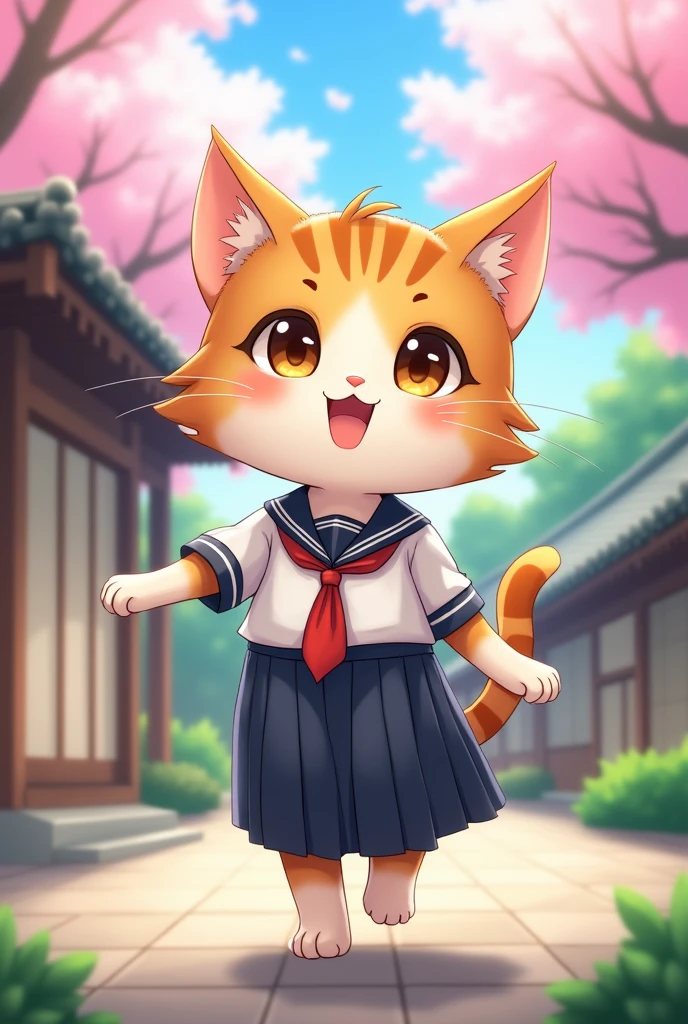 Furry anime cat dressed in Japanese style school uniform
