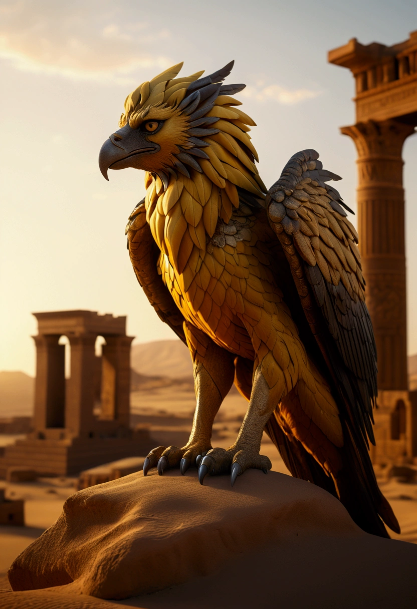 (Griffin), In the endless desert, the griffin watches over the ancient ruins of civilization with its sharp gaze. The colors are mainly desert yellow and griffin dark brown, and the light and shadow are mainly the afterglow of the sunset. The details are reflected in the texture of the desert and the feathers of the griffin. Beautiful cinematic lighting, surreal, color graded, dynamic movement, captivating chiaroscuro, full body, award-winning, cinematic still, emotional, vignette, dynamic, vivid, (masterpiece, best quality, photorealistic, Professional, perfect composition, very aesthetic, absurdres, ultra-detailed, intricate details:1.3)