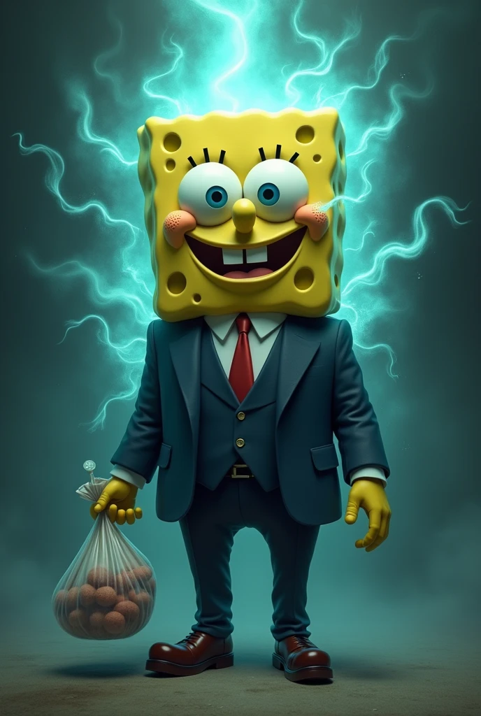 Create a spongebob in a formal suit with +100000 aura and a bag of drugs