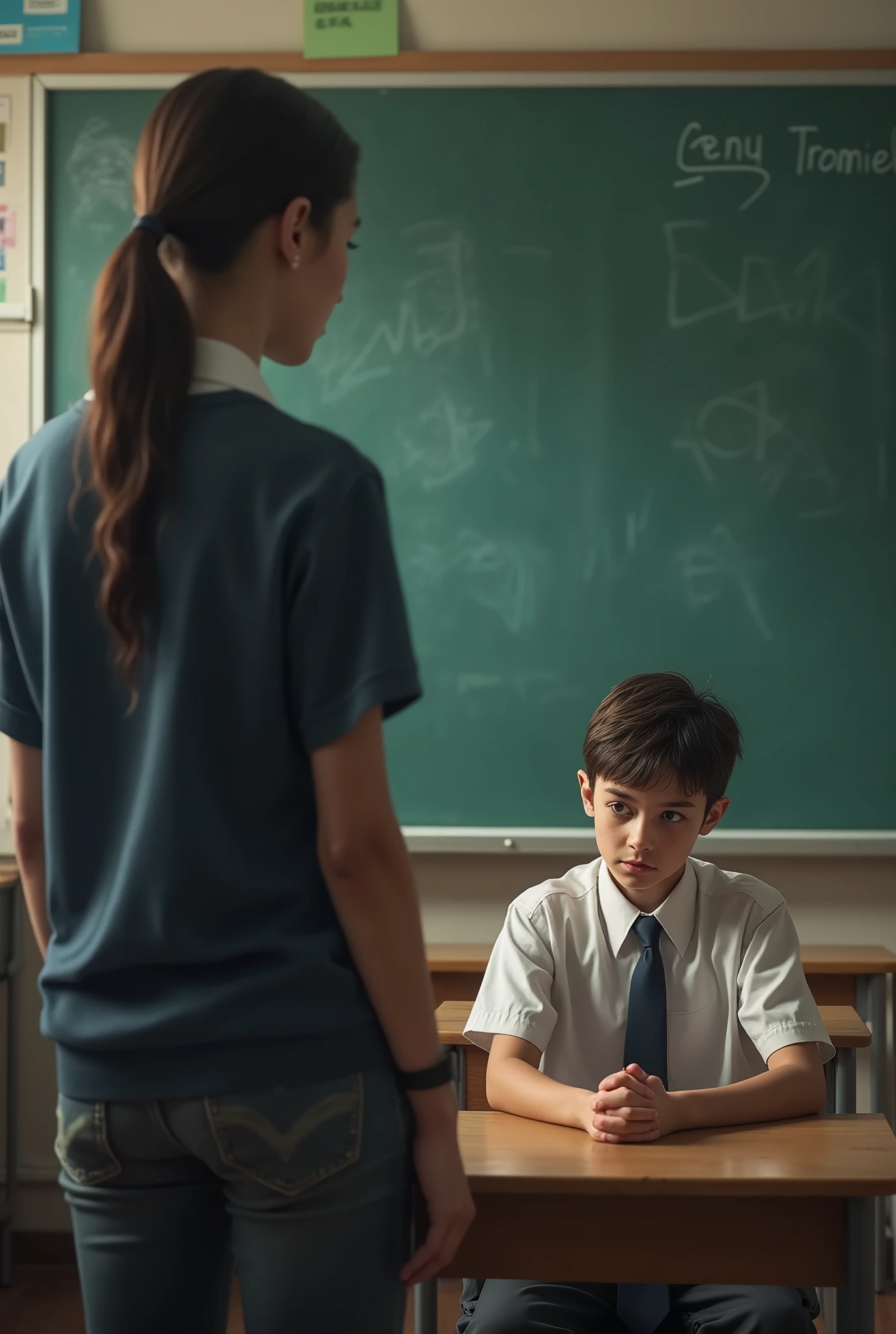 The teacher is standing in the foreground, with the blackboard behind them. A 1 boy in a school uniform is sitting at a desk in a classroom. The boy is facing the teacher but looks anxious and distressed, clearly unable to focus on the lesson.