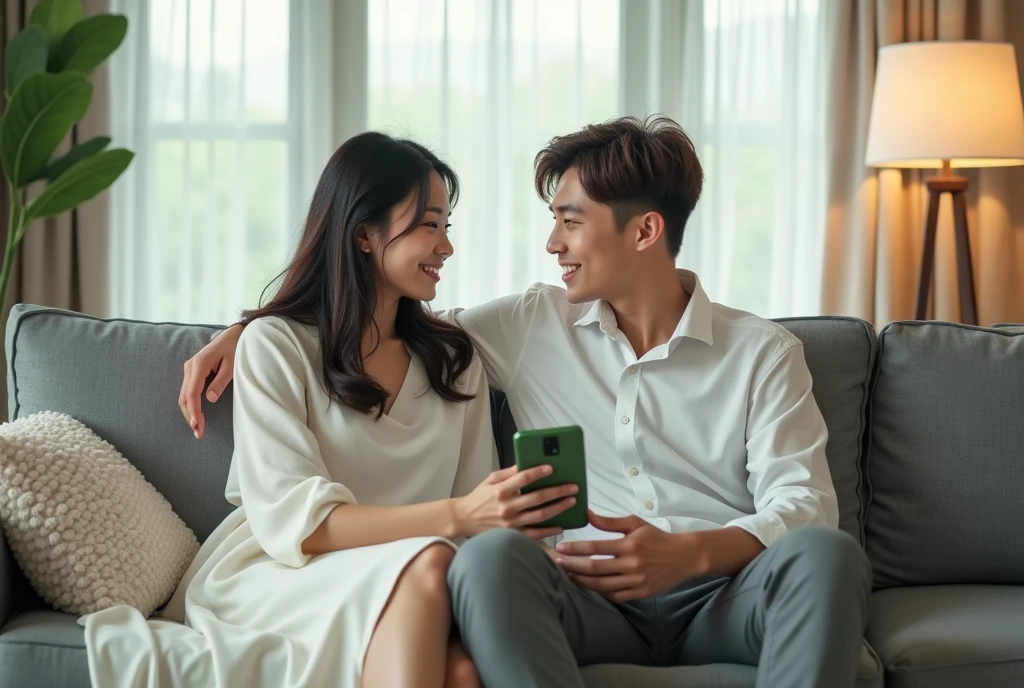 High Resolution, Masterpiece, Accurate, Best Quality, Detail, High Quality, realistic photo. A young 20 years old asian women, long dark hair, white skin, wearing a white long dress, height: 155 cm, weight: 45 kg. A 2 man, short hair, white skin, wearing a white blouse, height: 160 cm, weight: 55 kg. They are sitting on a gray couch in a living room. The man is holding a green phone in his hand and is looking at it with a smile on his face. The woman is sitting next to him with her legs crossed and is wearing a white blouse and blue skirt. They are both looking at each other and appear to be engaged in a conversation. The room has a large window with white curtains and a lamp on the left side of the image.