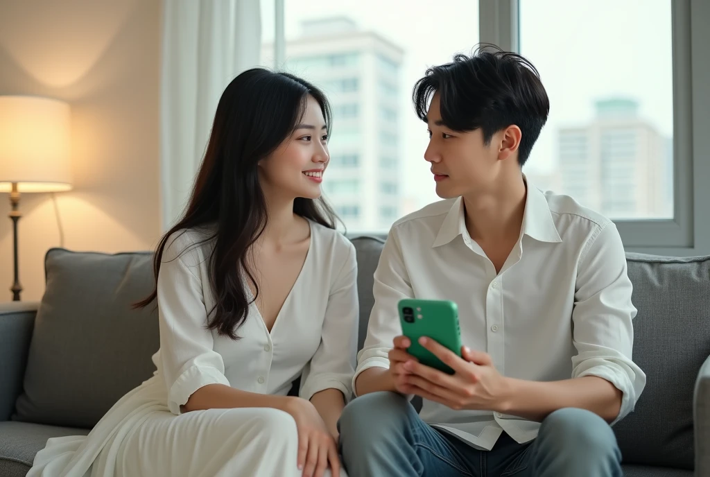 High Resolution, Masterpiece, Accurate, Best Quality, Detail, High Quality, realistic photo. A young 20 years old asian women, long dark hair, white skin, wearing a white long dress, height: 155 cm, weight: 45 kg. A 2 man, short hair, white skin, wearing a white blouse, height: 160 cm, weight: 55 kg. They are sitting on a gray couch in a living room. The man is holding a green phone in his hand and is looking at it with a smile on his face. The woman is sitting next to him with her legs crossed and is wearing a white blouse and blue skirt. They are both looking at each other and appear to be engaged in a conversation. The room has a large window with white curtains and a lamp on the left side of the image.