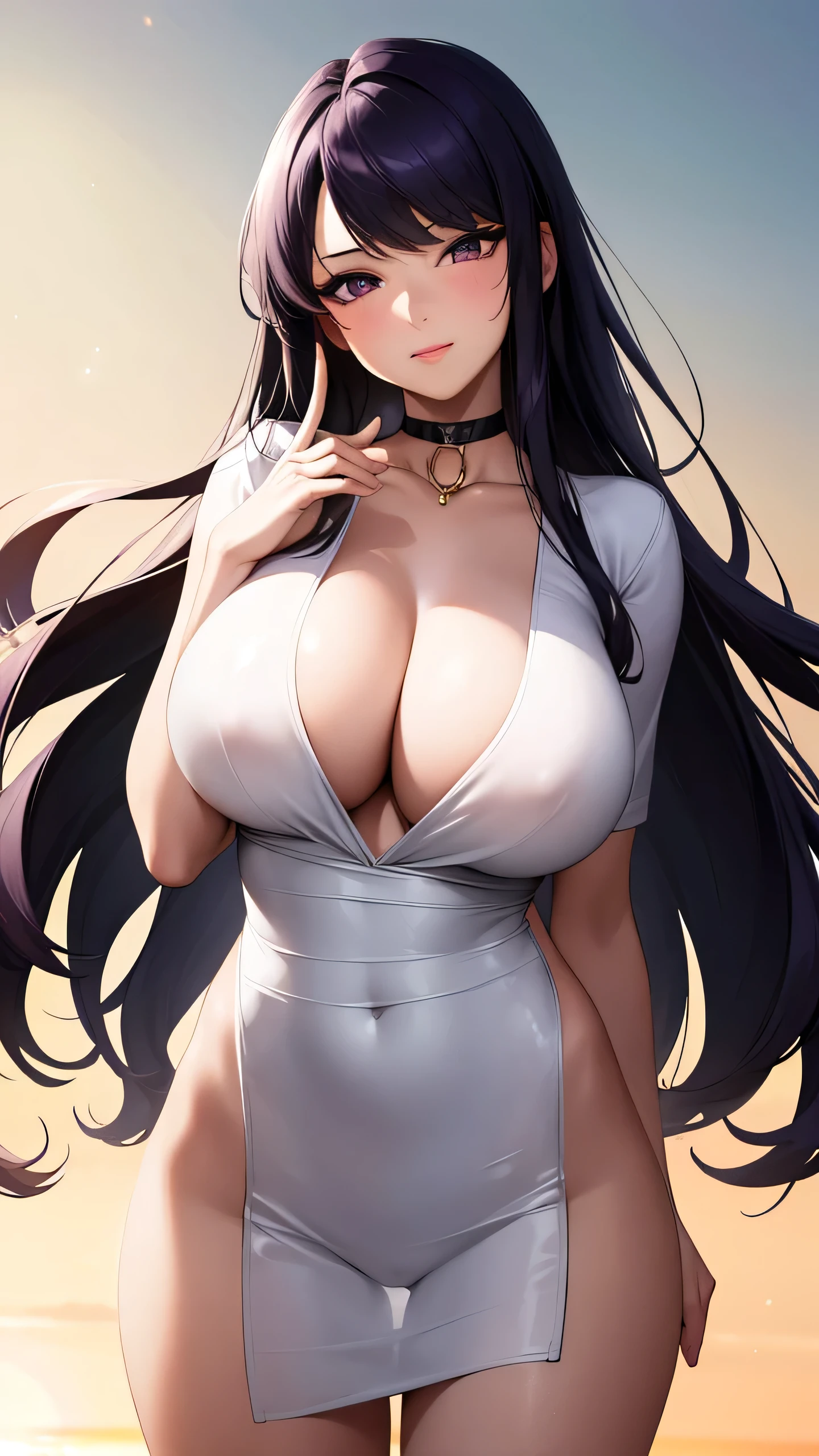 rubbing own groping filling touching ,(day),Simple White Background, kiss face blowing a kiss glossy looking very very angry at you for looking at her boob ,wiping
Standing at attention,
choker, collarbone,shite shirt with green tie,school uniform, collared shirt,
ring,jewelry, purple eyes,bangs, purple hair,long hair,
1 girl, 20yo,Young female,Beautiful Finger,Beautiful long legs,Beautiful body,Beautiful Nose,Beautiful character design, perfect eyes, perfect face,expressive eyes,perfect balance,
looking at viewer,(Focus on her face),closed mouth, (innocent_big_eyes:1.0),Light_Smile,
official art,extremely detailed CG unity 8k wallpaper, perfect lighting,Colorful, Bright_Front_face_Lighting,shiny skin,
(masterpiece:1.0),(best_quality:1.0), ultra high res,4K,ultra-detailed,
photography, 8K, HDR, highres, absurdres:1.2, Kodak portra 400, film grain, blurry background, bokeh:1.2, lens flare, (vibrant_color:1.2),professional photograph,
(Beautiful,large_Breasts:1.4), (beautiful_face:1.5),(narrow_waist),