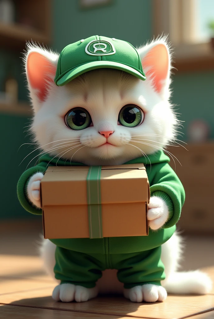 (best quality,4k,8k,highres,masterpiece:1.2), ultra-detailed, realistic:1.37,
big-eyed cute cat, adorable kitten, fluffy white fur, dressed in green trucker clothes, holding boxes in hands, wearing a cap,(((แมวส้ม,แมวขับรถไปส่งของ)))