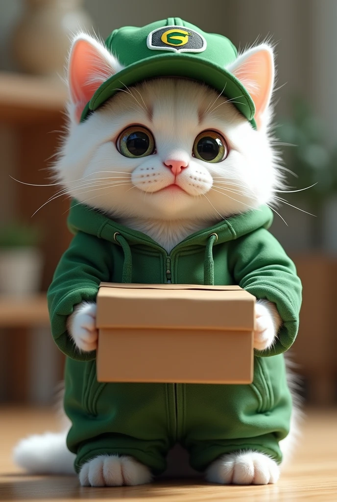 (best quality,4k,8k,highres,masterpiece:1.2), ultra-detailed, realistic:1.37,
big-eyed cute cat, adorable kitten, fluffy white fur, dressed in green trucker clothes, holding boxes in hands, wearing a cap,(((แมวส้ม,แมวขับรถไปส่งของ)))