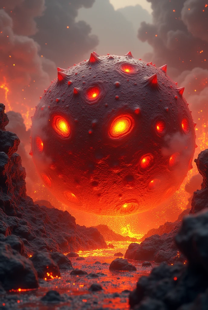 A round red slime ball made out of lava covered by dark reddish brown volcanic rocks, bright yellow eyes, inside volcano background