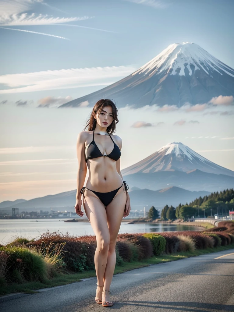 A beautiful Japanese woman in a bikini with a large, curvy figure, standing with Mount Fuji in the background.